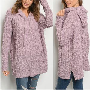 POPCORN KNIT PULLOVER HOODED LILAC SWEATER